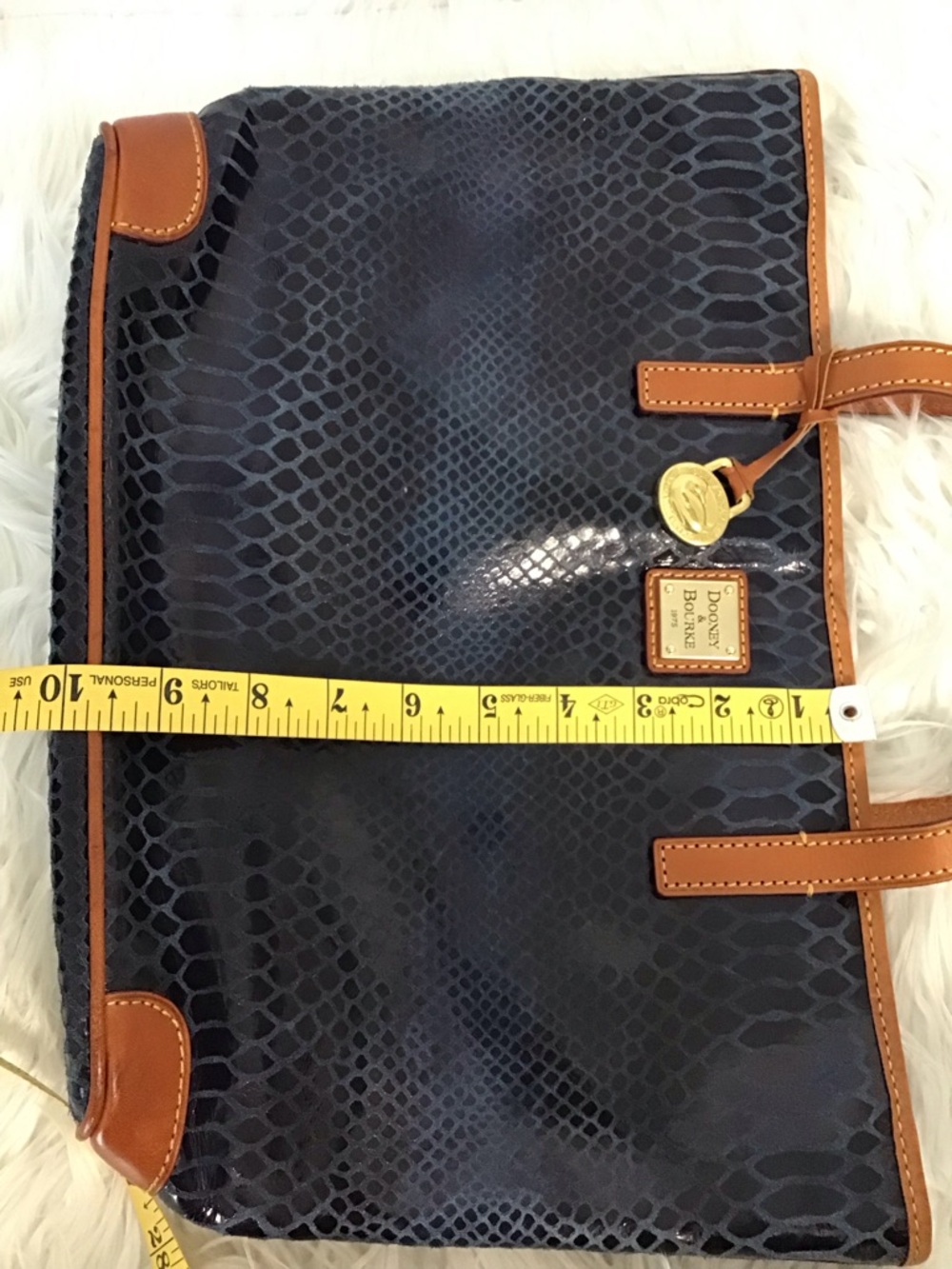 DOONEY & BOURKE Dark Blue Exotic Leather Tan Straps Tote Excellent - Picture 10 of 16